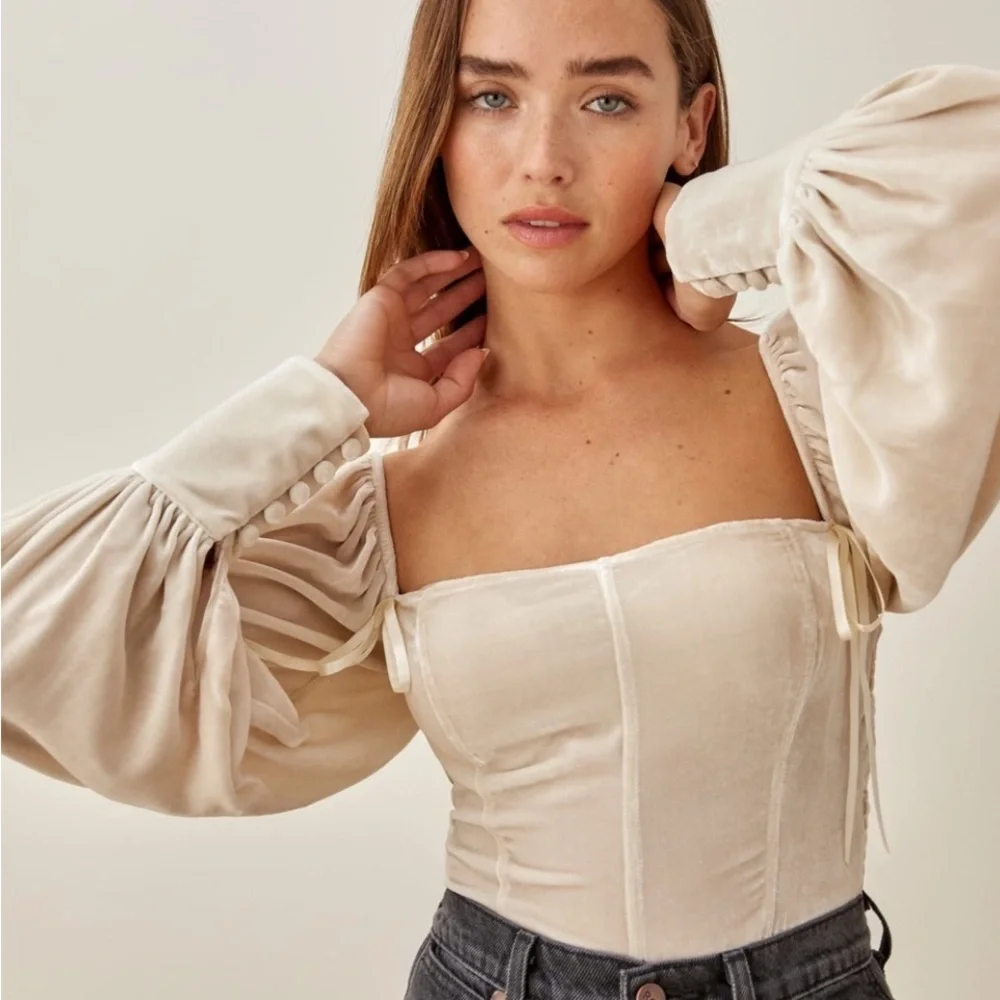 Reformation Julietta Cream Square-Neck Puff-Sleeve Velvet Corset Top